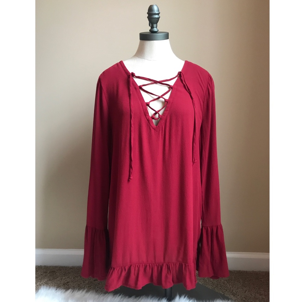 Altar'd State Lace Up Bell Sleeve Ruffle Blouse